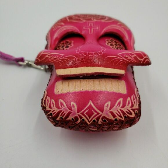 Sugar Skull Leather Wristlet Wallet Hot Pink Day of the Dead Coin Purse Keychain - Picture 10 of 15
